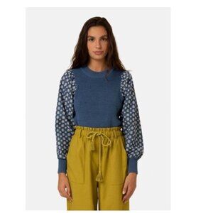 FRNCH Paris Blue Cotton Sweater Women's Floral Balloon Sleeve Boho Chic Size M